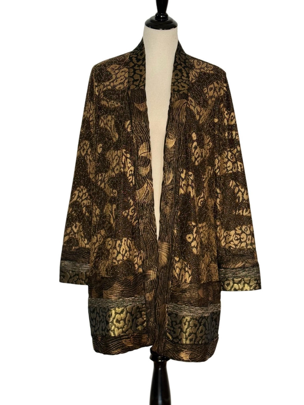 Chico’s Animal Shine Patchwork Duster Black Gold Metallic Leopard Size 2 Large